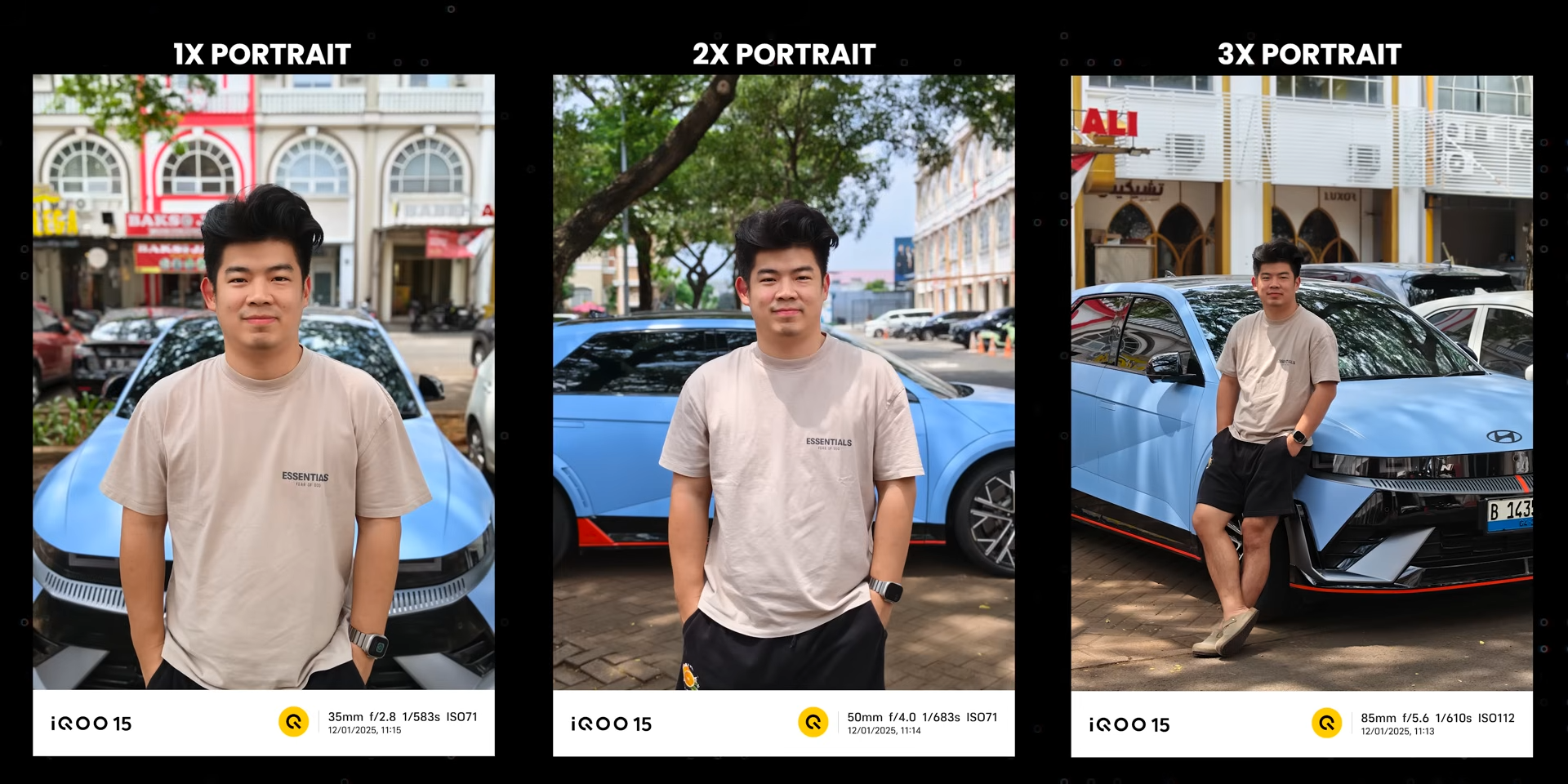 Hasil foto portrait mode iQOO 15 di tiga focal length berbeda dengan latar Hyundai Ioniq 5 N