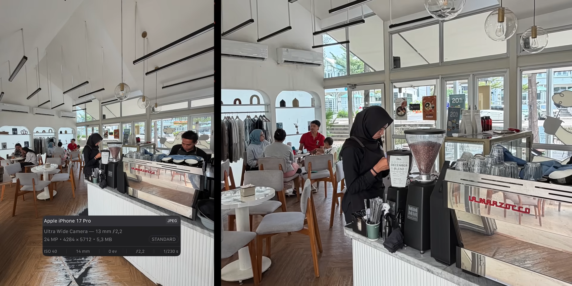 Hasil foto interior kafe dengan ultrawide camera iPhone 17 Pro di 13mm
