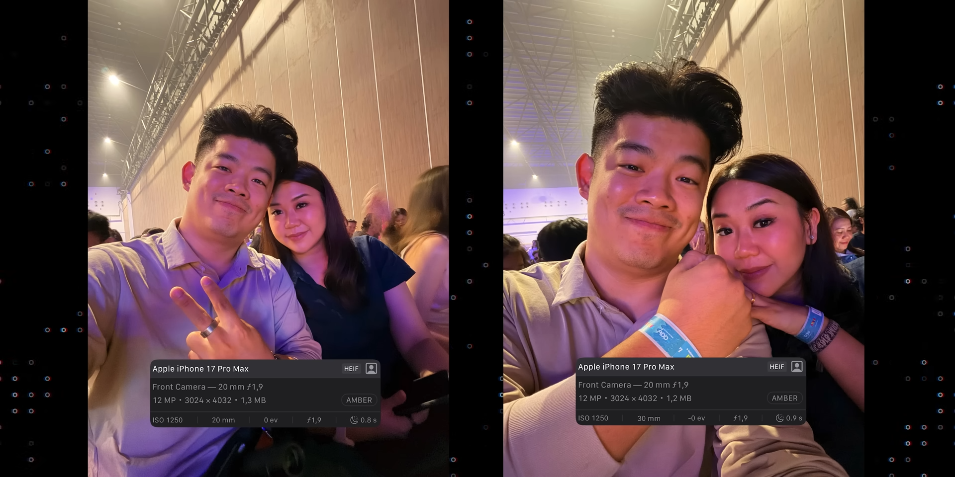 Hasil foto selfie dengan front camera iPhone 17 Pro Max di 20mm dalam kondisi low light
