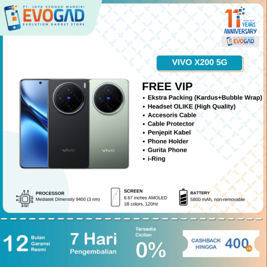 VIVO X200 5G 12/256GB, Dimensity 9400 Amoled 120Hz 50MP 5800 mAh 90w IP69 | Garansi Resmi Vivo Indonesia 1 Tahun