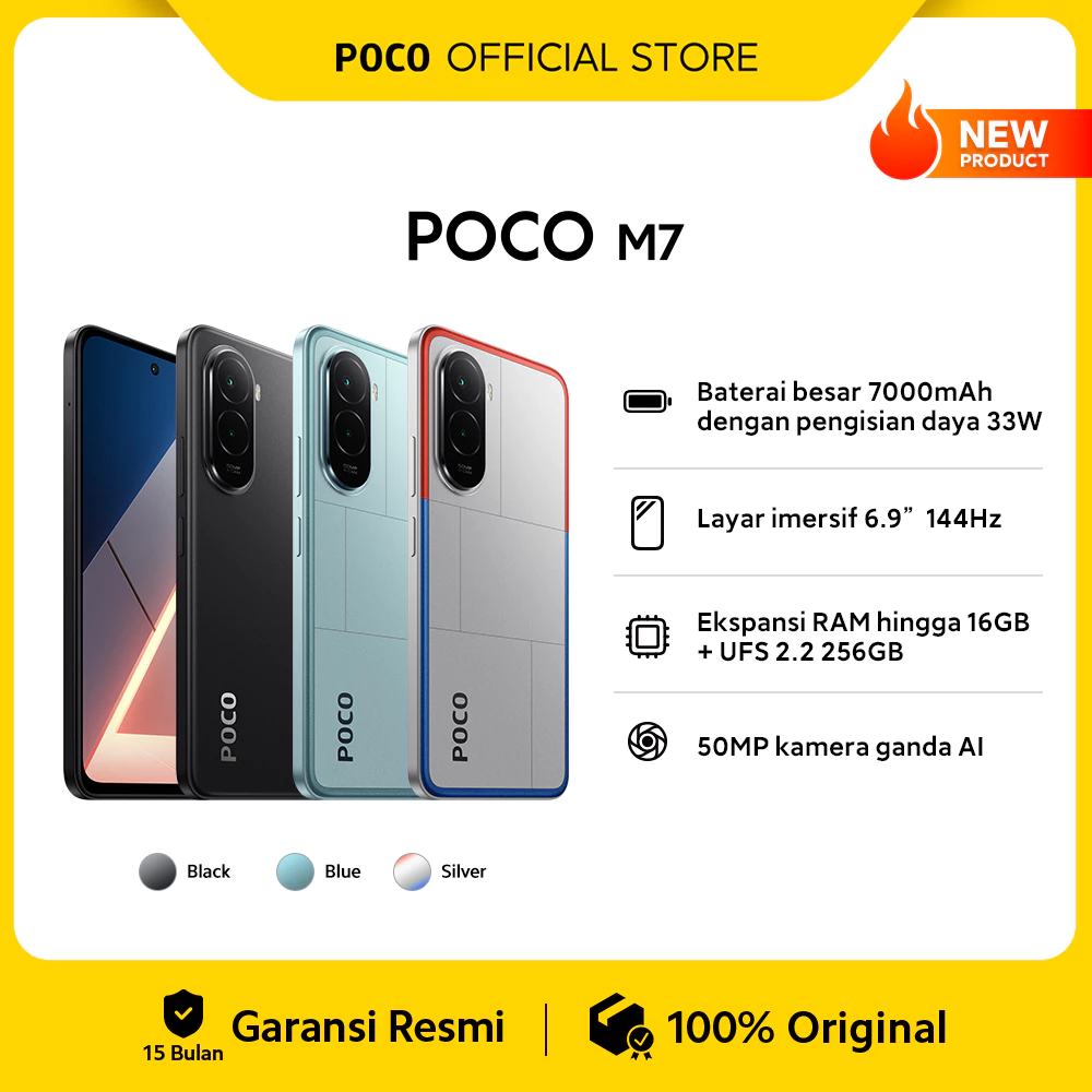 POCO M7 (8GB/256GB) Baterai besar 7000mAh dengan pengisian daya 33W | Layar imersif 6.9" 144Hz | Ekspansi RAM hingga 16GB + UFS...