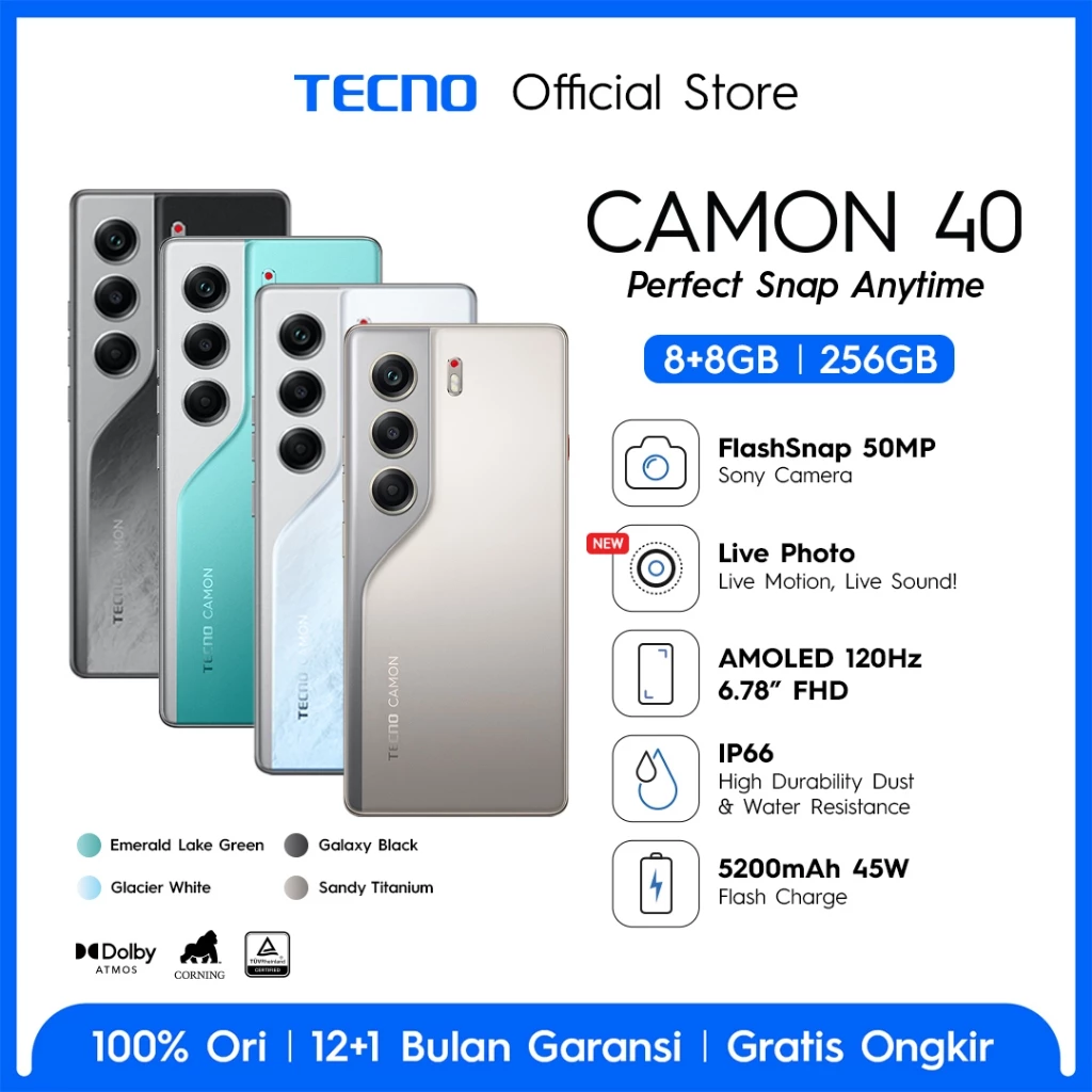 [FLASHSNAP] TECNO CAMON 40 8+8GB*256 GB, 50MP Sony + 8MP Ultra Wide Camera, 32MP Front Camera, 120hz AMOLED, IP66...