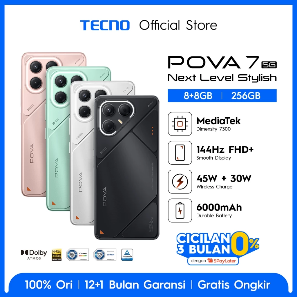TECNO POVA 7 5G 8+8GB*/256GB, 6000 mAh, Mediatek D7300 Ultimate, 144Hz Smooth Display , 50MP Primary Camera, Wireless...