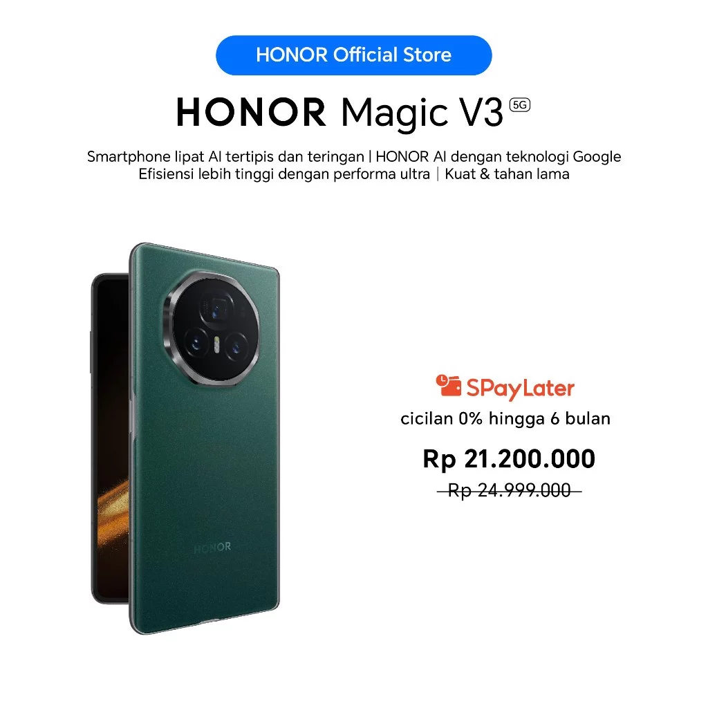 [EXCLUSIVE LAUNCH] HONOR Magic V3 (12/512GB) 50 MP (Kamera Utama) 20 MP (Kamera Selfie) | LTPO AMOLED 120Hz | 5150