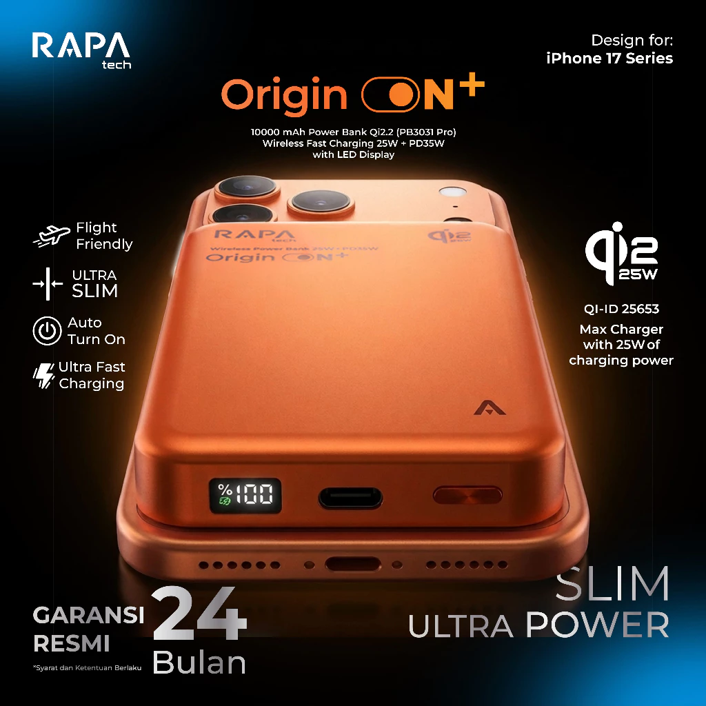 RAPAtech Wireless Power Bank 3C/CCC 10.000 mAh Qi2.2 Fast Charging 35W for iPhone 17 16 15 Origin ON+ Wireless 25W LED Display