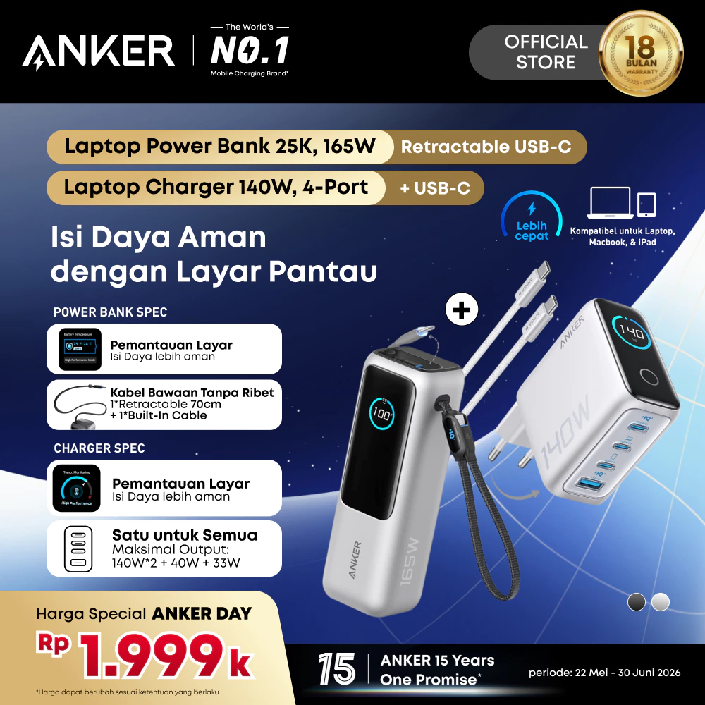Anker Smart Display Powerbank and Adapter Set for Laptop Dell HP Lenovo MacBook Series 25,000mAh 165w Built-in Retractable Type C