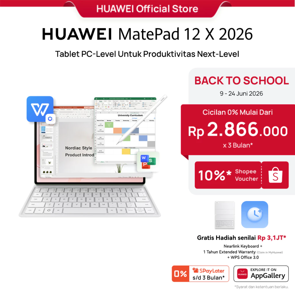 HUAWEI MatePad 12 X 2026 Tablet l PC-Level WPS 3.0 l Layar PaperMatte Ultra Jernih l Support M-Pencil Pro