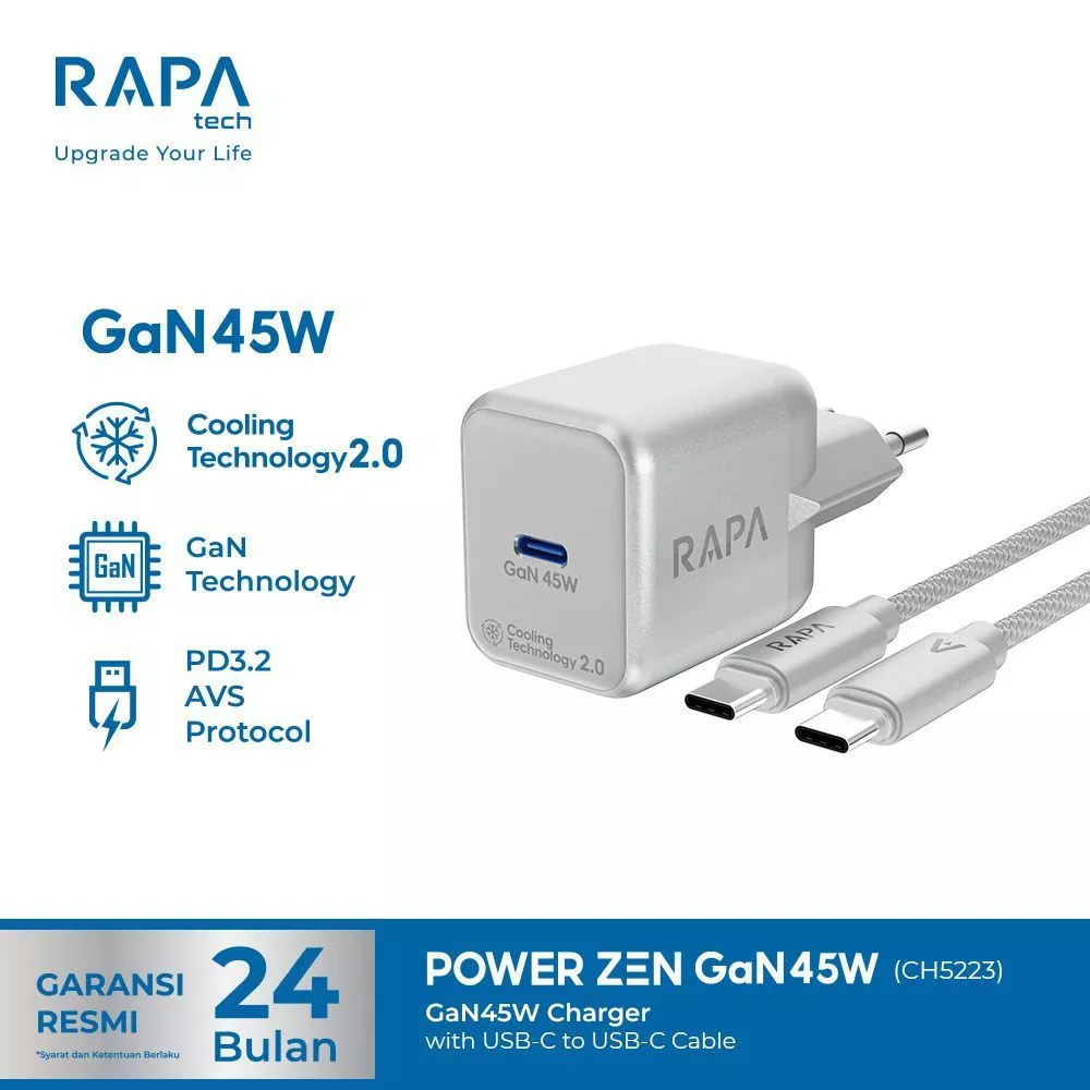 [ Charger iPhone 17] RAPAtech Power Zen GaN 45W With AVS Technology Charger iPhone 17 Series with C to C Nylon Cable Ice Cooling