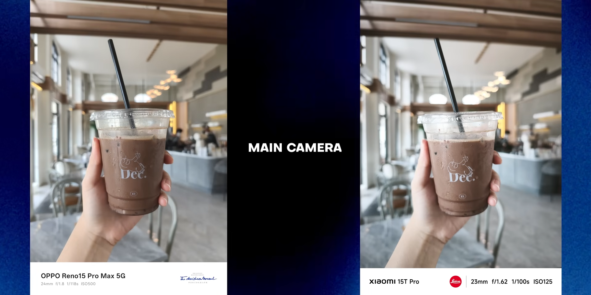 Perbandingan foto main camera minuman kopi di dalam kafe antara OPPO Reno 15 Pro Max dan Xiaomi 15T Pro