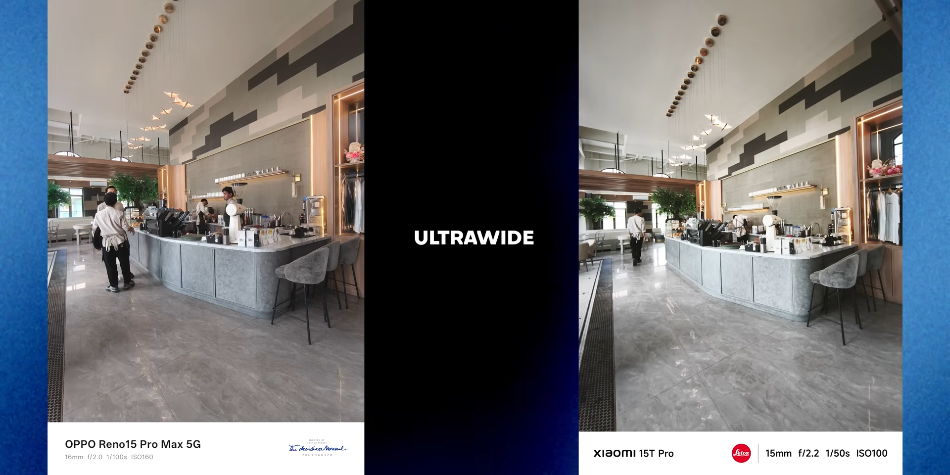Perbandingan foto ultrawide interior kafe antara OPPO Reno 15 Pro Max dan Xiaomi 15T Pro