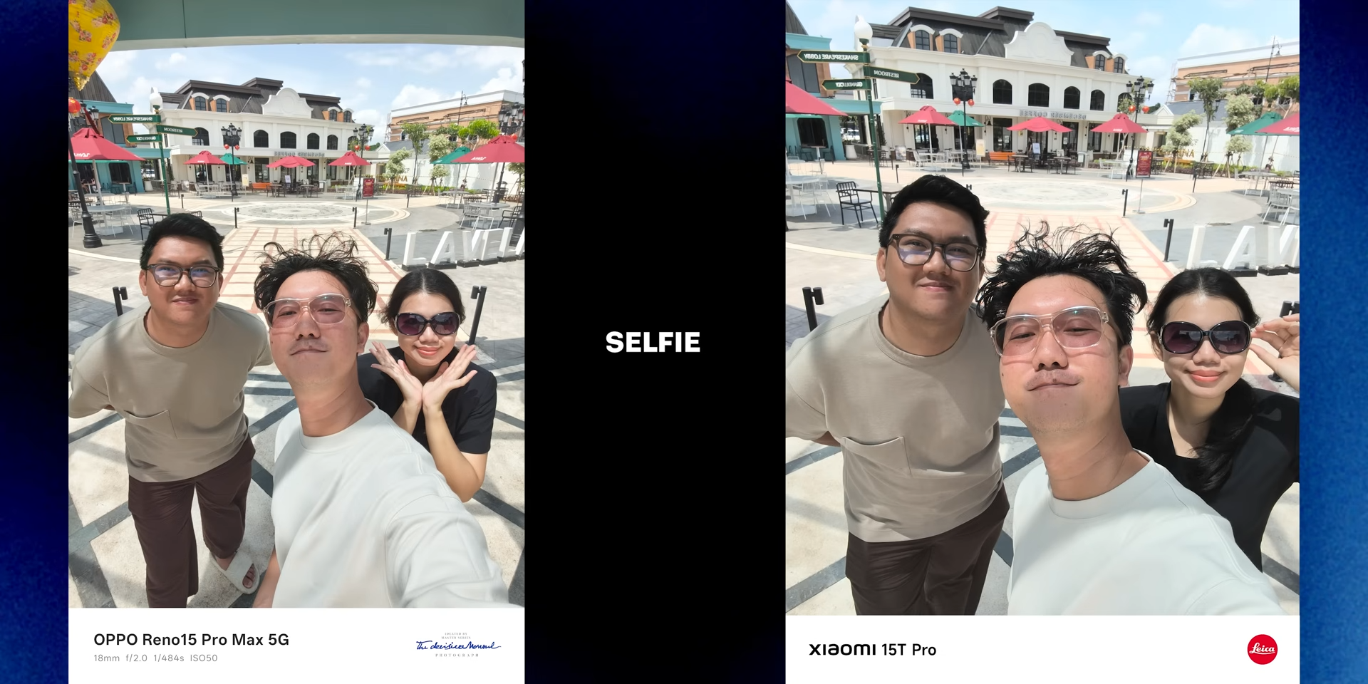 Perbandingan foto selfie OPPO Reno 15 Pro Max vs Xiaomi 15T Pro dengan tiga orang di area outdoor