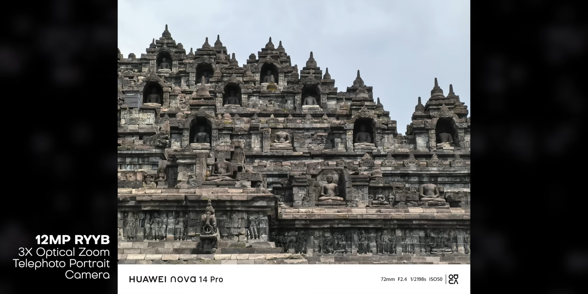 Foto relief dan stupa Candi Borobudur dengan lensa telephoto 72mm 3x optical zoom Huawei Nova 14 Pro
