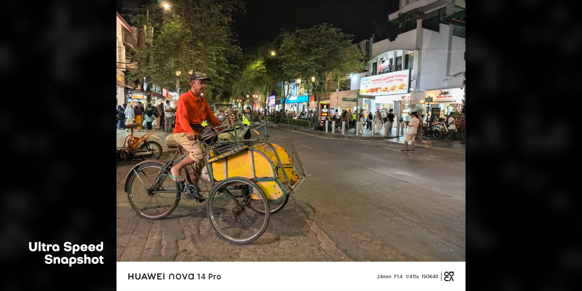 Foto becak kayuh melintas di Malioboro malam hari dengan fitur Ultra Speed Snapshot Huawei Nova 14 Pro