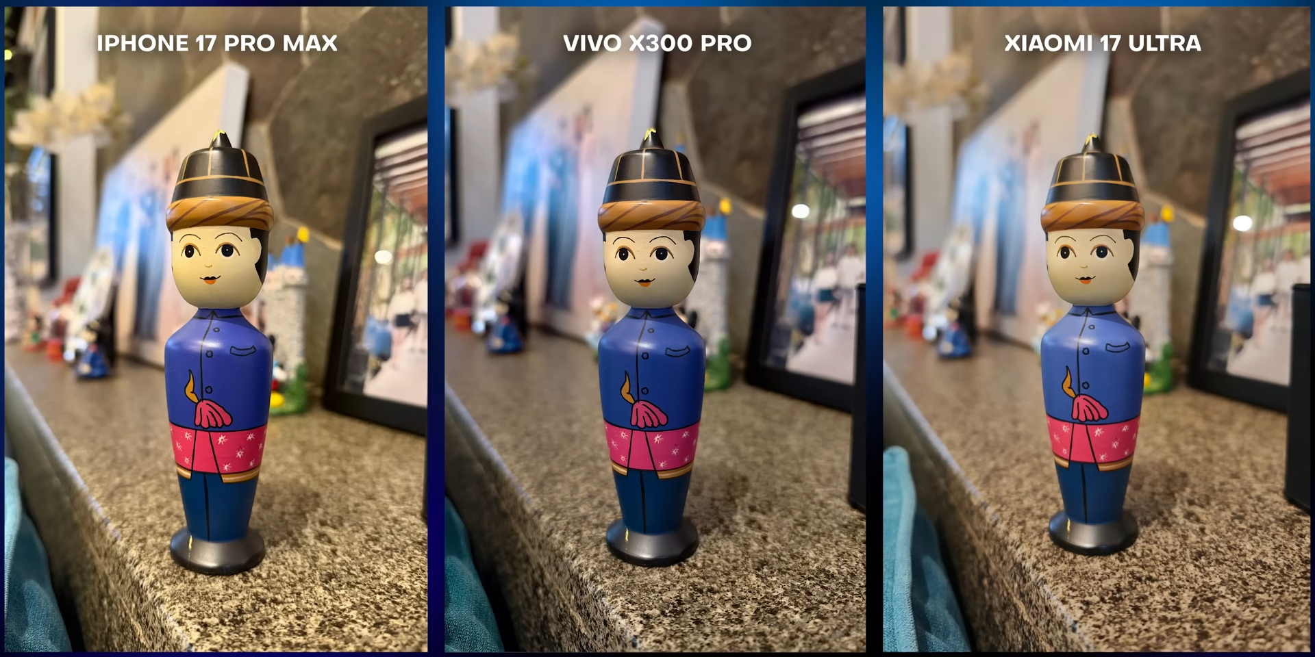 Perbandingan foto portrait boneka antara iPhone 17 Pro Max, Vivo X300 Pro, dan Xiaomi 17 Ultra di kondisi indoor