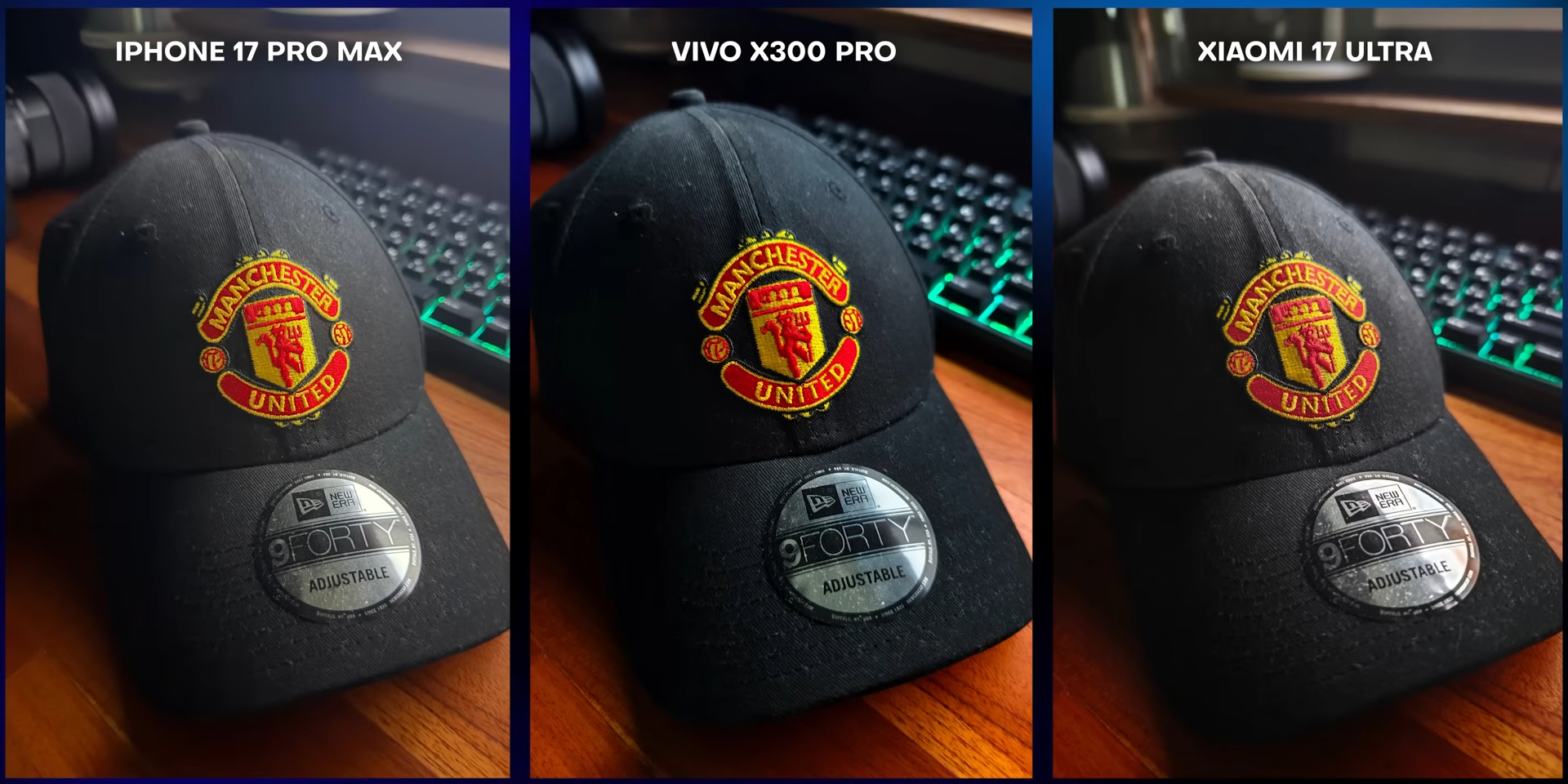 Perbandingan foto main camera topi Manchester United antara iPhone 17 Pro Max, Vivo X300 Pro, dan Xiaomi 17 Ultra