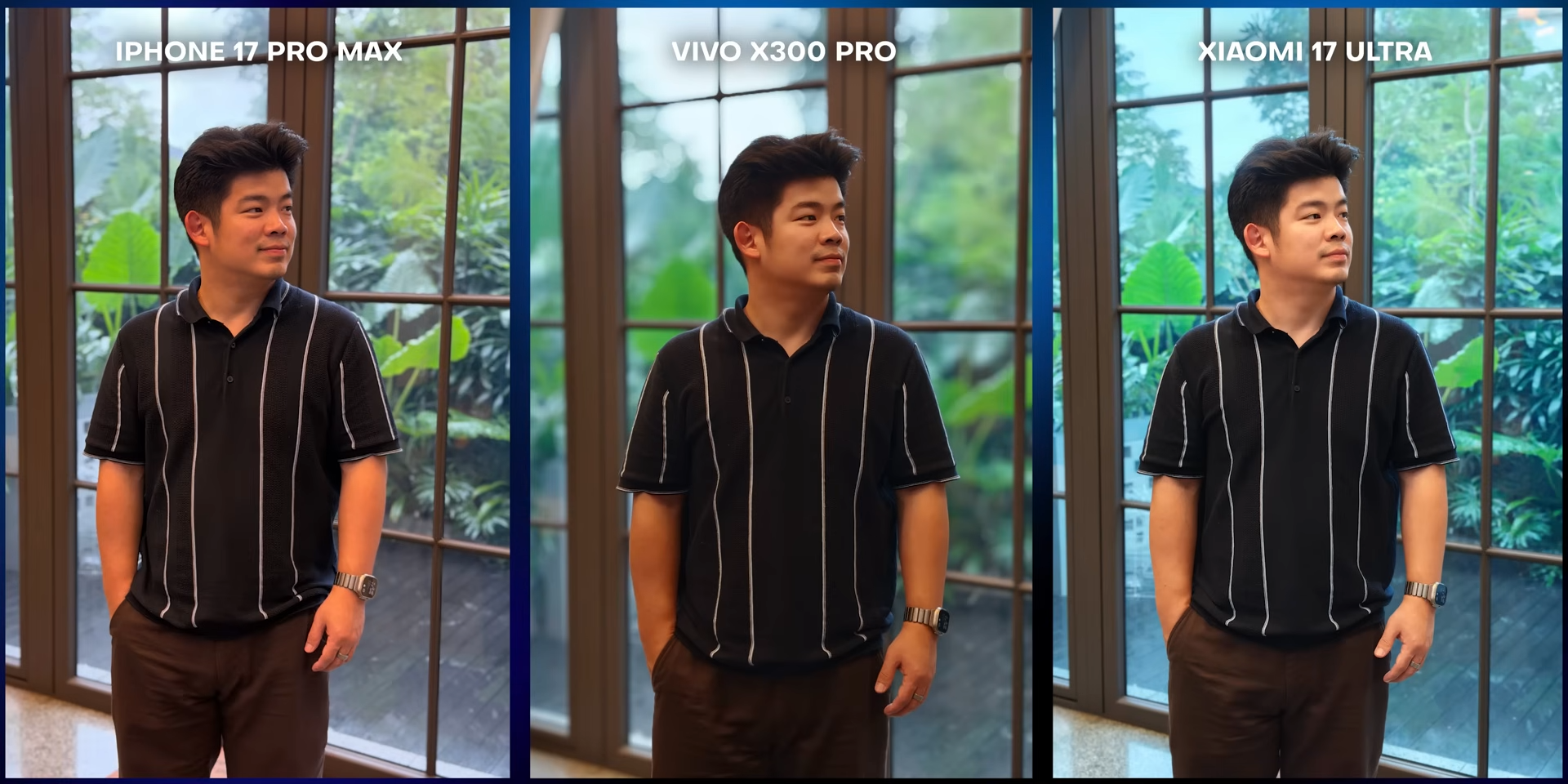 Perbandingan foto portrait indoor kondisi backlight antara iPhone 17 Pro Max, Vivo X300 Pro, dan Xiaomi 17 Ultra