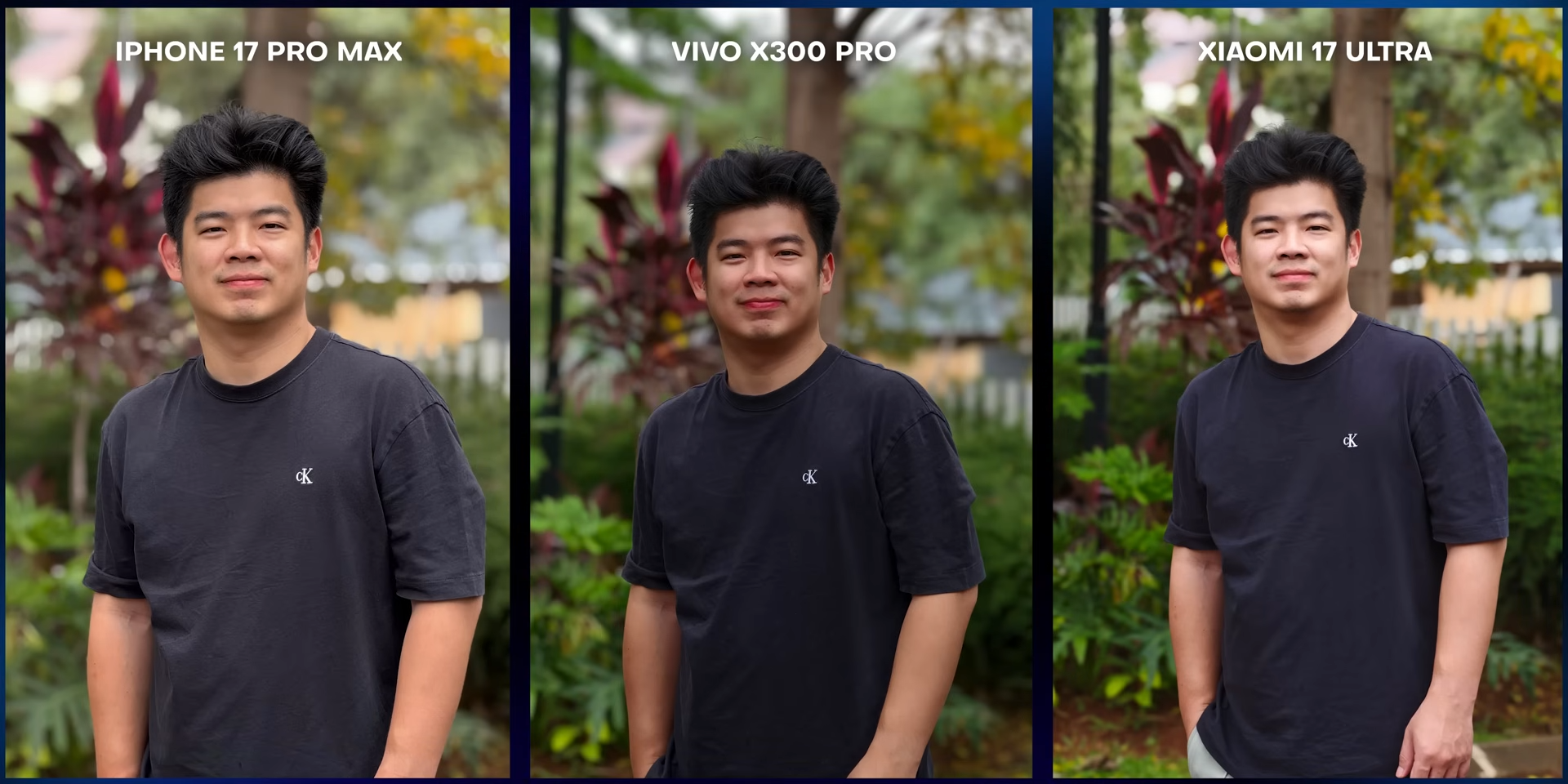 Perbandingan foto portrait outdoor antara iPhone 17 Pro Max, Vivo X300 Pro, dan Xiaomi 17 Ultra