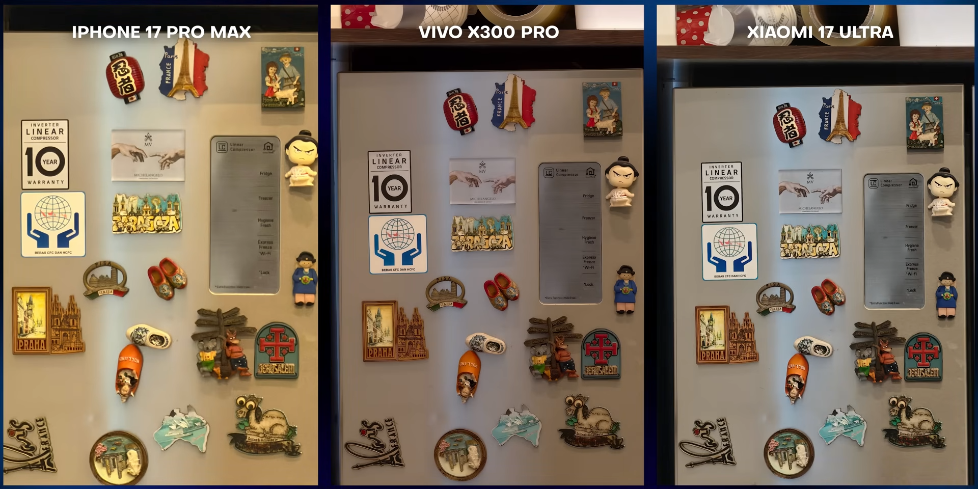 Perbandingan foto telephoto koleksi magnet kulkas antara iPhone 17 Pro Max, Vivo X300 Pro, dan Xiaomi 17 Ultra