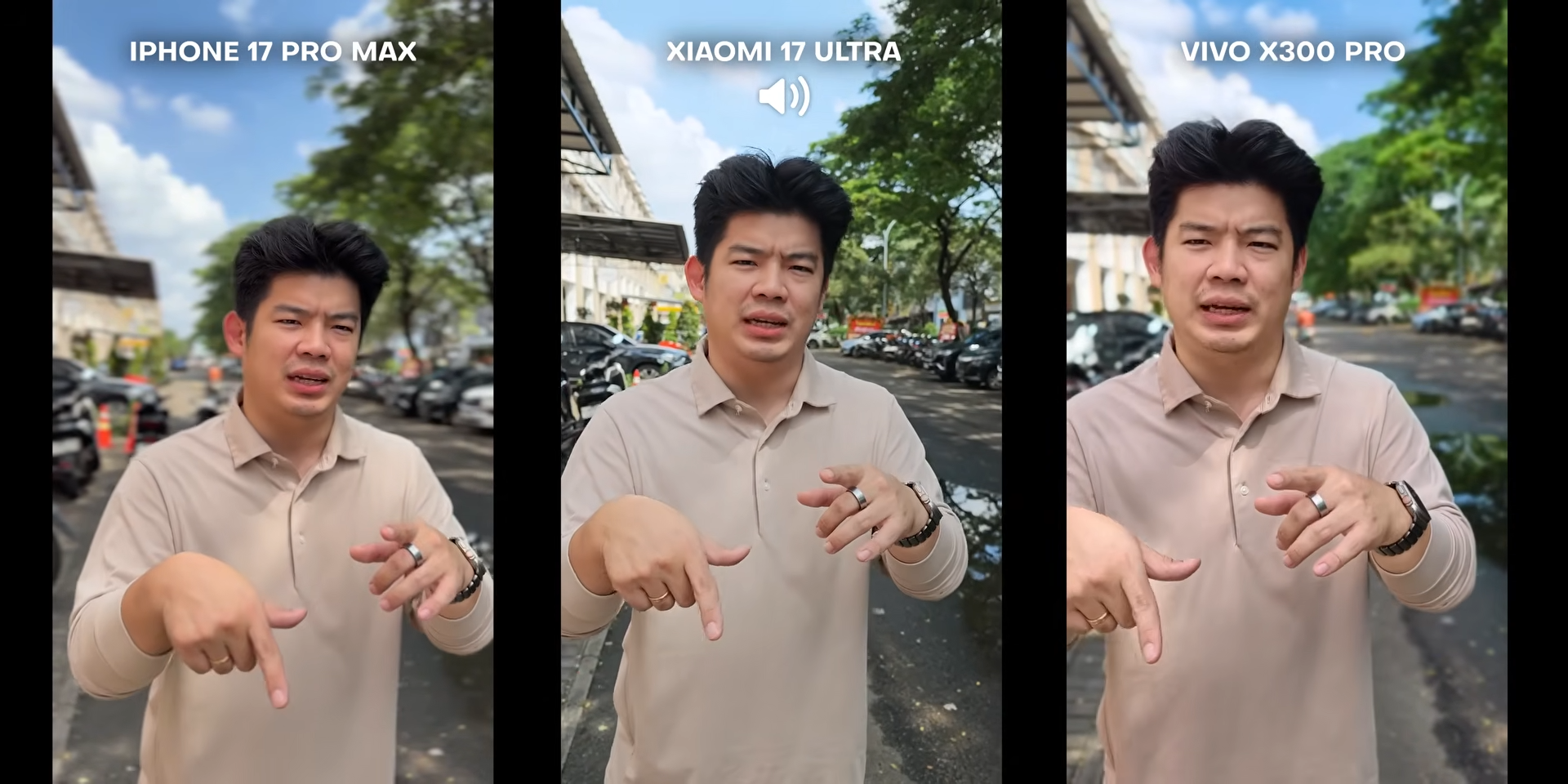 Perbandingan video kamera depan antara iPhone 17 Pro Max, Xiaomi 17 Ultra, dan Vivo X300 Pro 