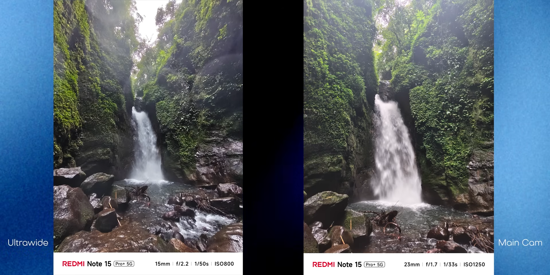 Perbandingan foto curug antara lensa ultrawide 15mm dan main camera 23mm Redmi Note 15 Pro Plus