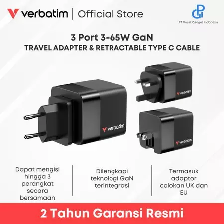 VERBATIM TRAVEL CHARGER 65W GaN - WITH TRAVEL ADAPTER & RETRACTABLE TYPE C CABLE - 2xUSB C 65W - 1xUSB A 60W - BLACK