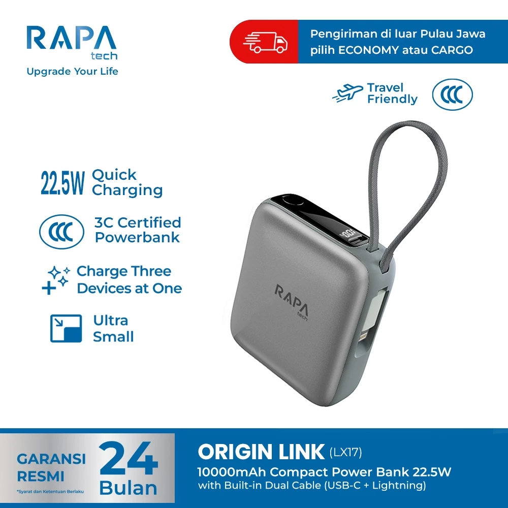 RAPAtech Origin Link Power Bank 3C/CCC 10.000 mAh/ 20.000 mAh Fast Charging PD22,5W 40W Ultra Mini Size with Build in Dual Cable