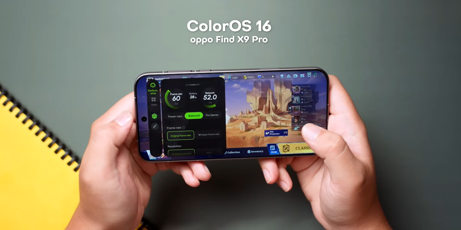 Fitur HyperBoost gaming ColorOS 16 di OPPO Find X9 Pro dengan pengaturan frame rate dan resolusi