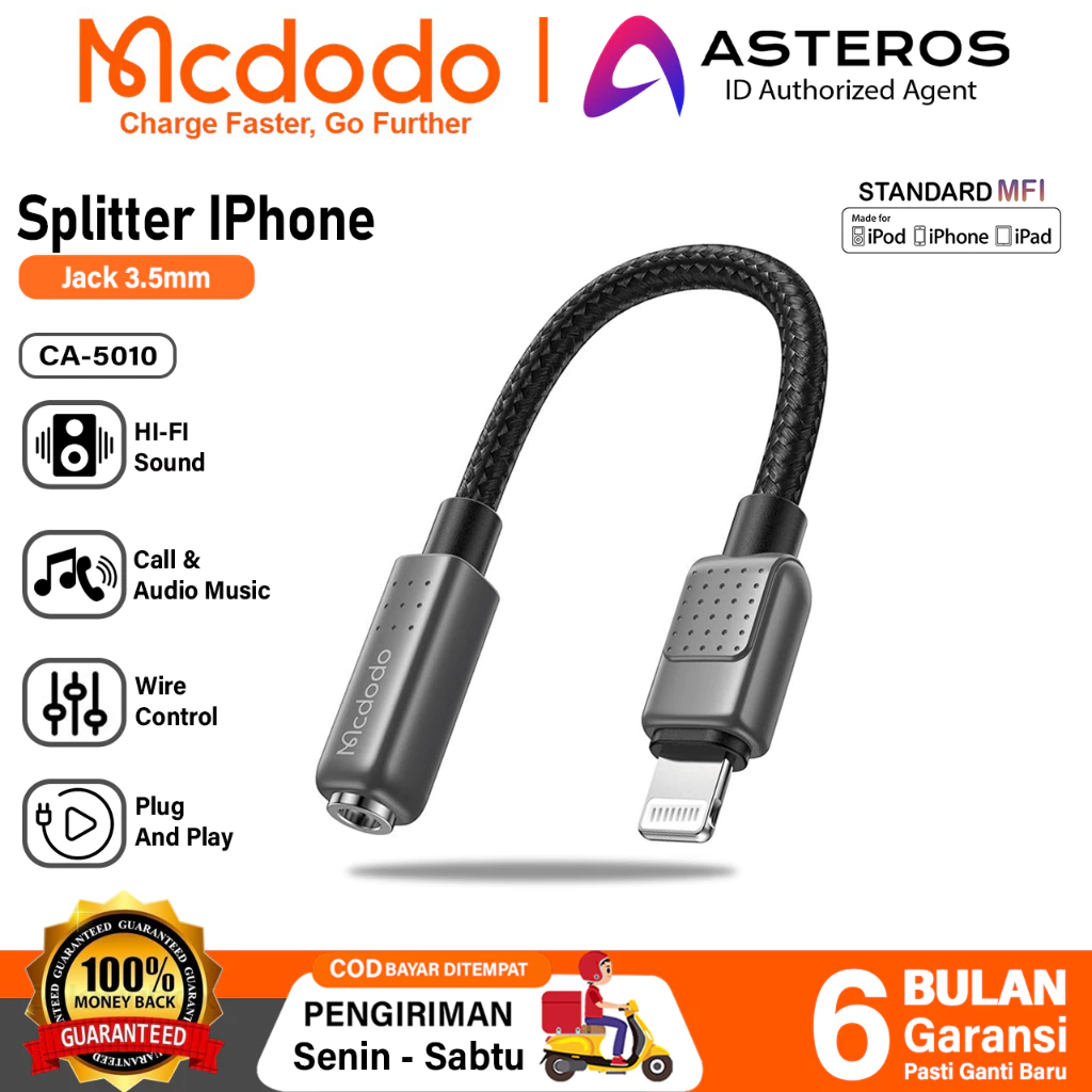 MCDODO Converter Splitter For iPhone Lightning To Jack 3.5mm Open Mic Ca-5010