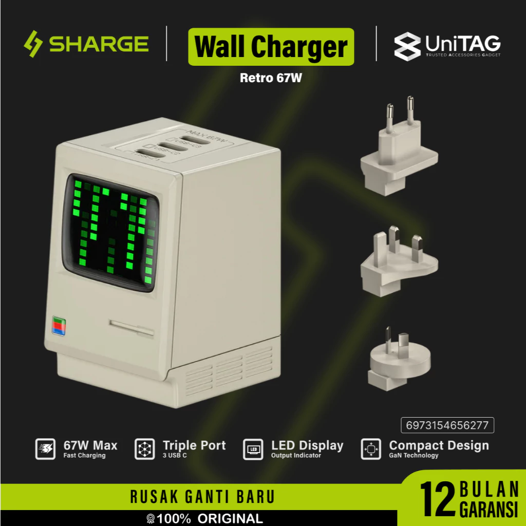 SHARGE Adaptor Kepala Charger Retro LED 67W GaN Fast Charging for iPhone Samsung iPad Tablet Laptop Wall Charger