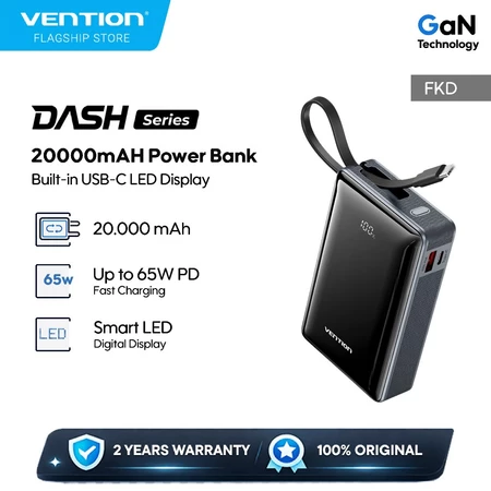 Vention Powerbank Dash Series 20000mAh 65W QC PD PPS LED Built in USB C Cable Fast Charging - FKD