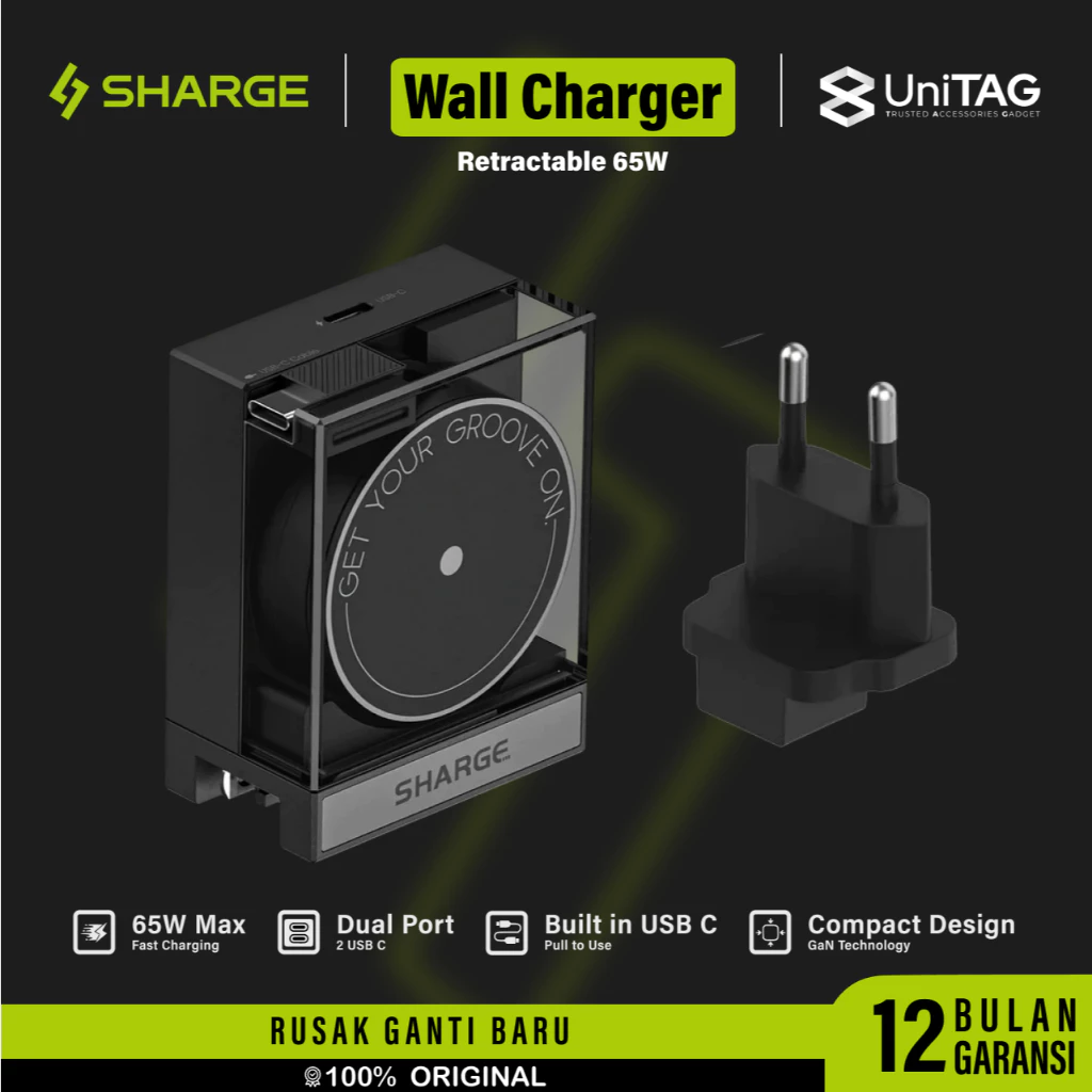 SHARGE Adaptor Kepala Charger Retro Retractable 65W Black Dual Port USB Type C GaN PD 2.0 Fast Charging for iPhone Samsung Android