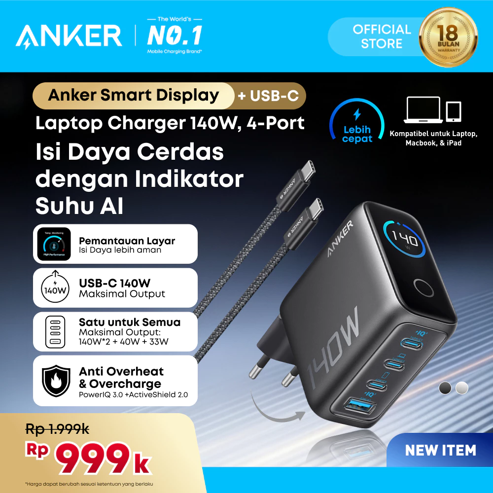 Anker Smart Digital Touch Display 140W GaN Charger Foldable Fast Charging 4 Ports with Type C Cable Temperature control PPS PD3.1