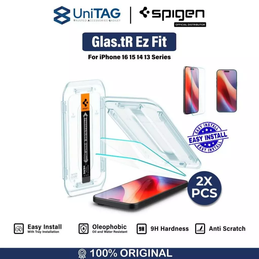 Tempered Glass iPhone 16/15/14/13 Mini Pro Max Plus Spigen Glas tR EZ Fit Anti Gores Anti Spy Clear Full Cover by UniTAG