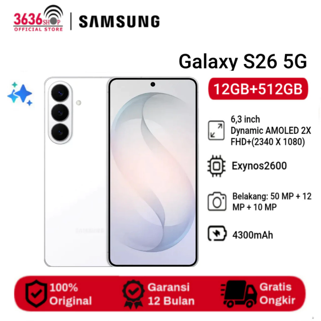 Samsung Galaxy S26 5G 12/512GB - Display Dynamic AMOLED 6.3'' - Exynos 2600 - Camera 50MP - 4300mAh - Garansi Resmi 1 Tahun