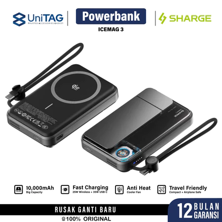 SHARGE Powerbank Magsafe ICEMAG 3 Active Cooling 10000mAh Qi2.2 25W Fast Charging 35W for iPhone Samsung Android by UniTAG