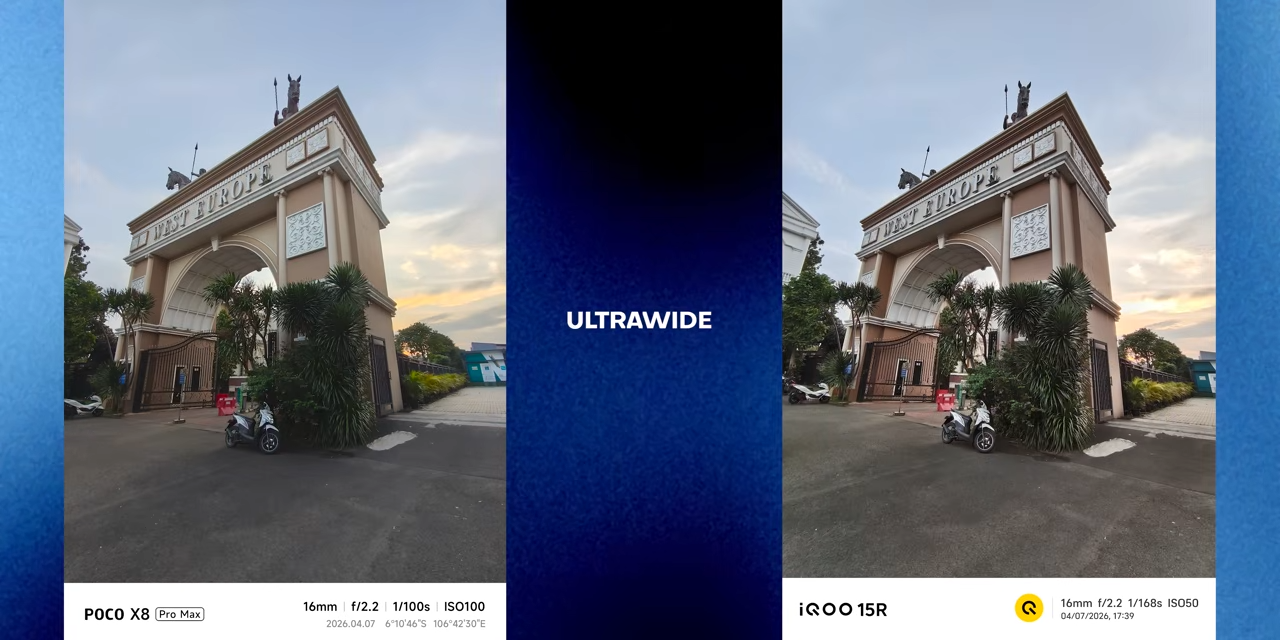 Perbandingan hasil foto ultrawide  antara POCO X8 Pro Max dan iQOO 15R.