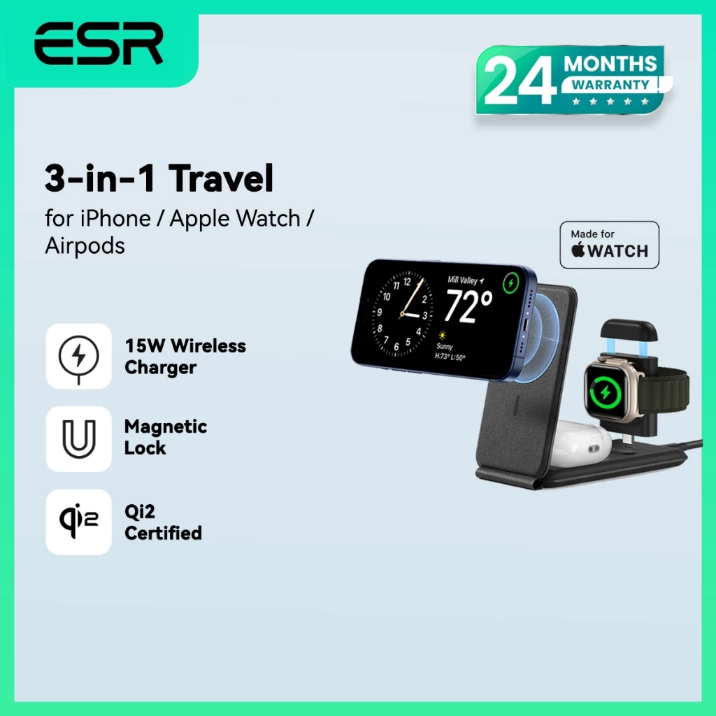 ESR HaloLock 3in1 Travel Wireless Charging Set Foldable Magsafe Magnetic EU Plug