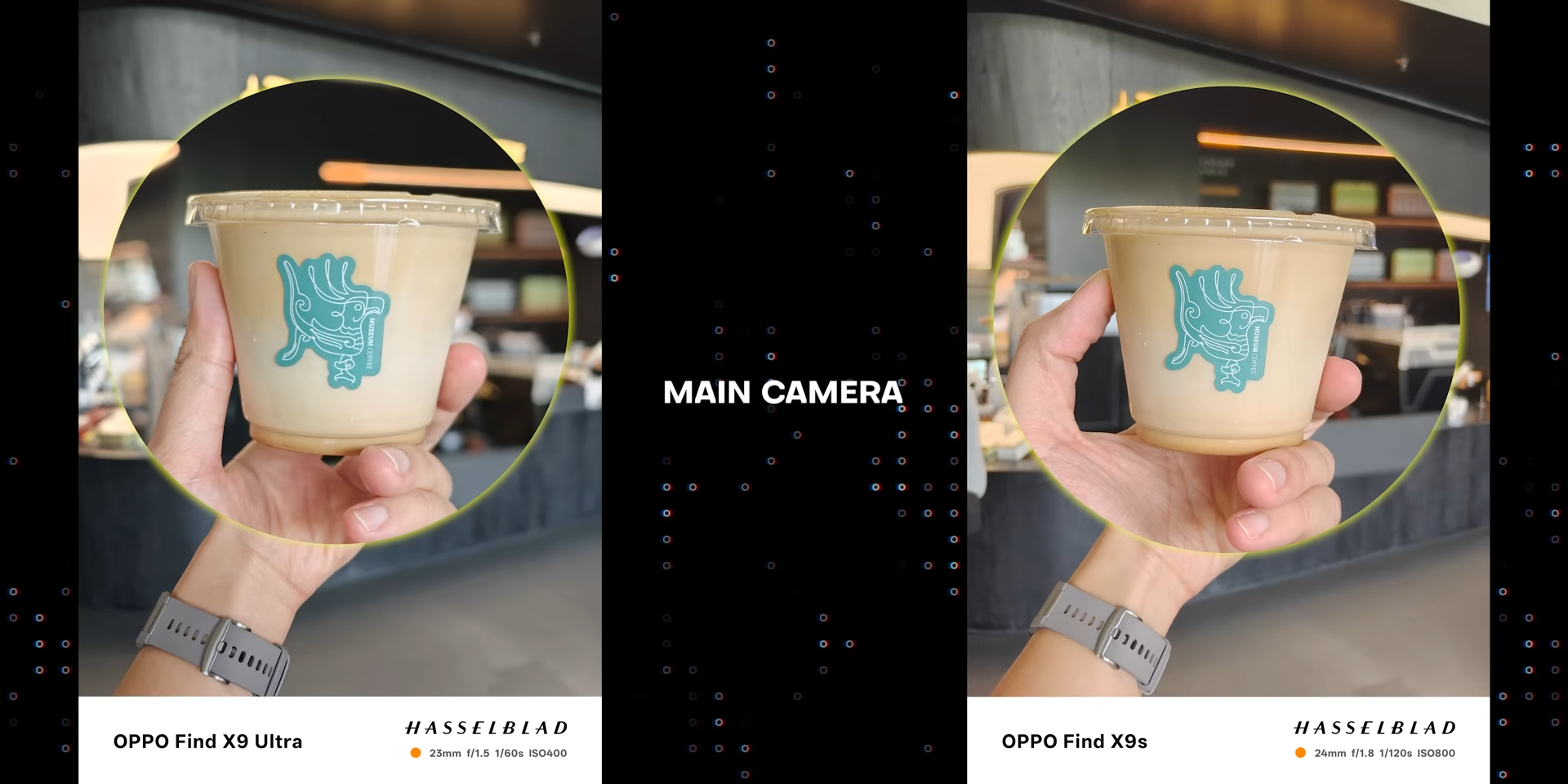 Perbandingan hasil foto cangkir kopi dengan main camera Find X9 Ultra dan Find X9s