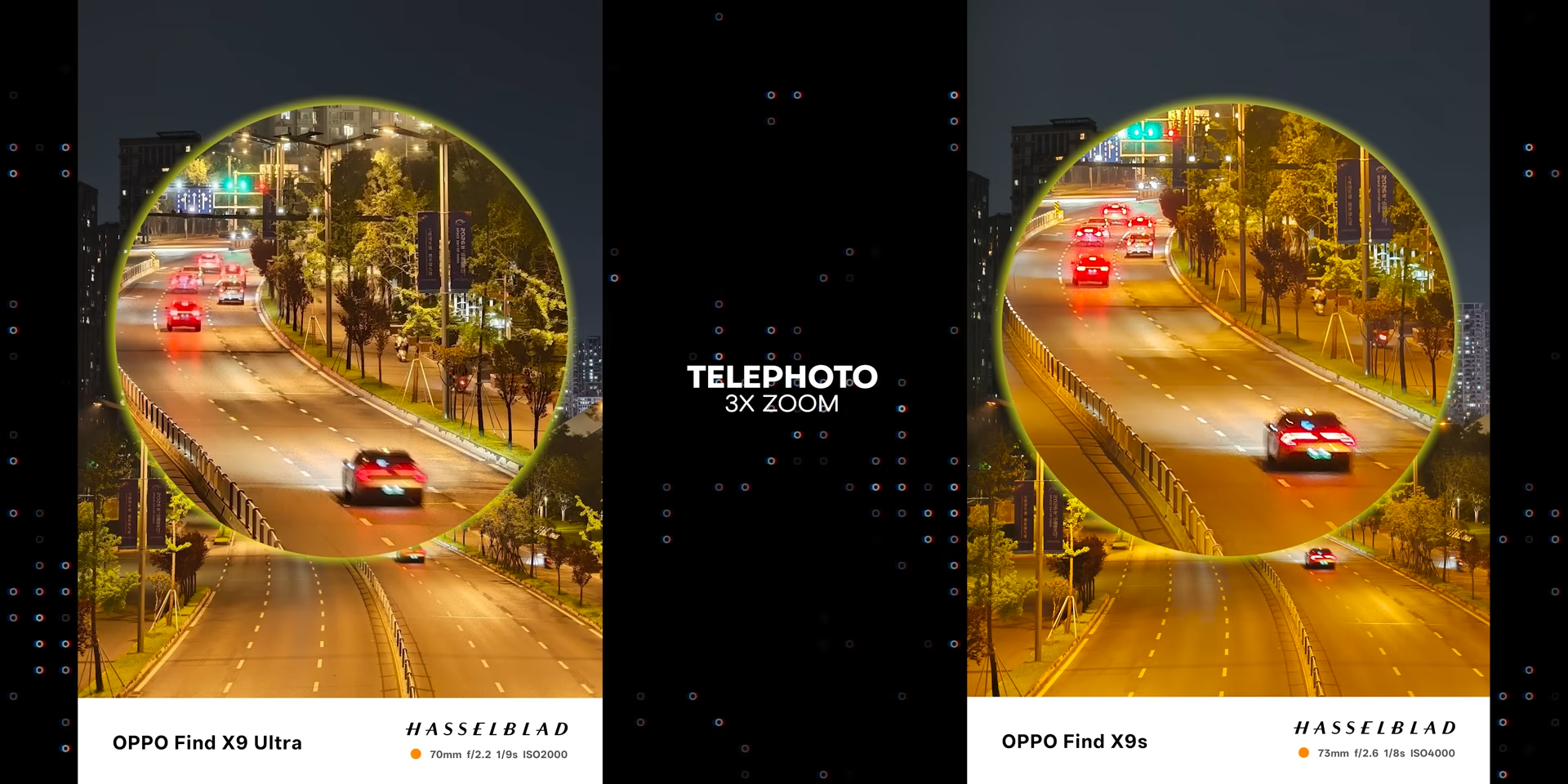 Perbandingan hasil foto jalanan malam telephoto 3x dengan Find X9 Ultra dan Find X9s