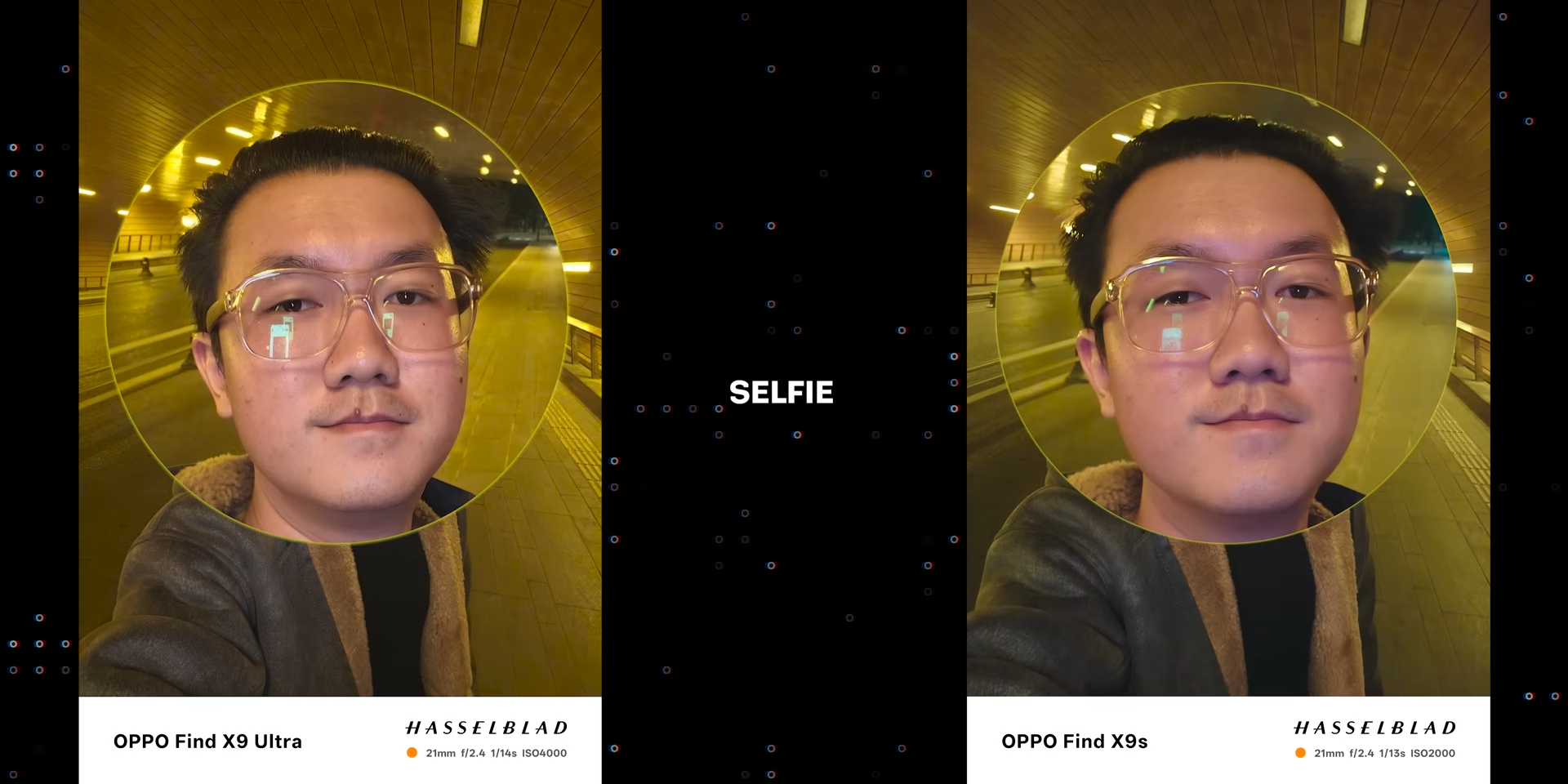 Perbandingan hasil foto selfie di terowongan dengan Find X9 Ultra dan Find X9s