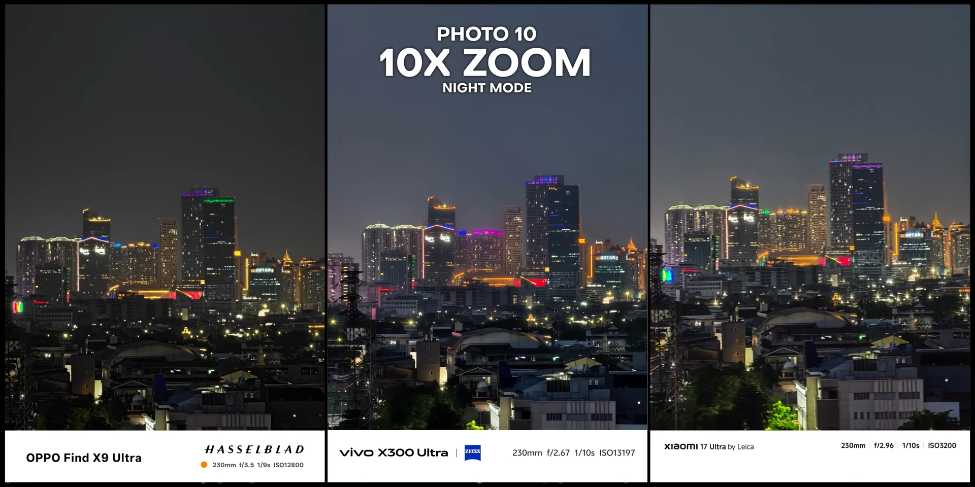 Perbandingan hasil foto skyline malam dengan night mode 10x zoom