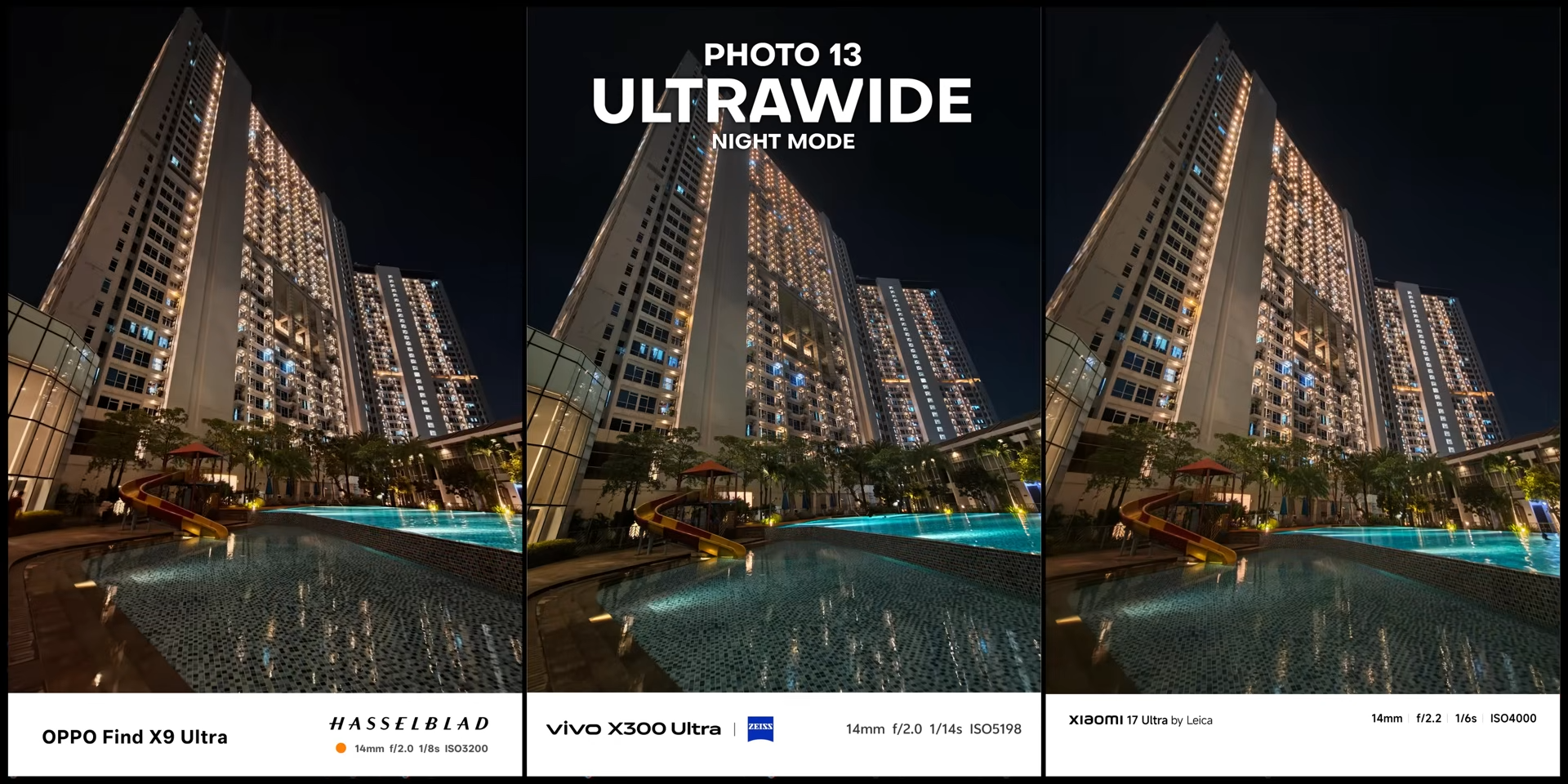Perbandingan hasil foto ultrawide gedung apartemen dengan night mode