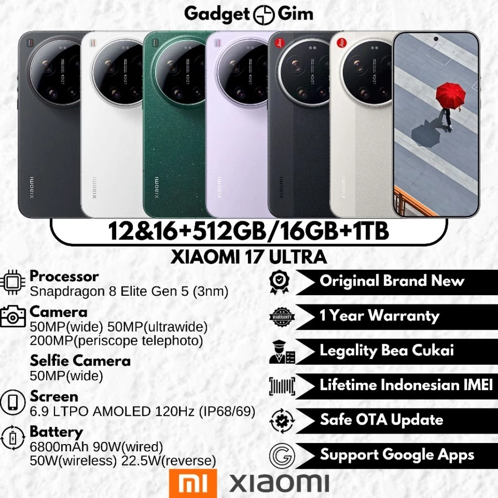 Xiaomi 17 Ultra 5G 16GB 1TB Snapdragon 8 Elite Gen 5 200MP 120Hz 6800mAh 90W IP68/69 BNIB Bergaransi