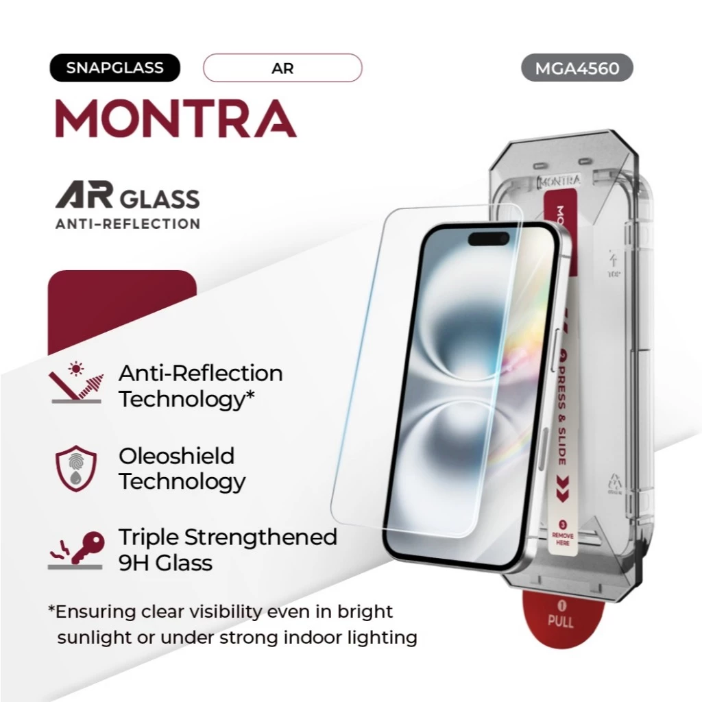 MONTRA SnapGlass – Tempered Glass AR/ AR Privacy /Clear/Privacy/Anti-Blue Light for iPhone 17 16 15 Series with Triple 9H...