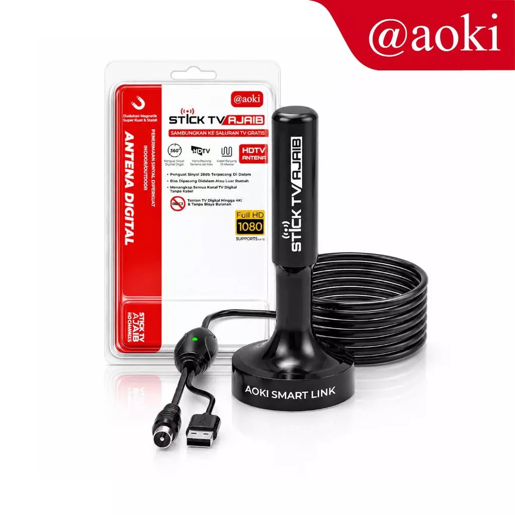 AOKI Antena TV Digital 4K Indoor Outdoor dengan Penguat Sinyal 20dB USB untuk TV & STB