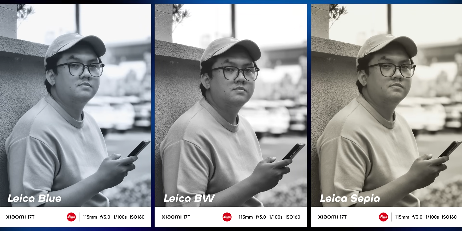 Perbandingan filter Leica Blue, Leica BW, dan Leica Sepia dengan Xiaomi 17T