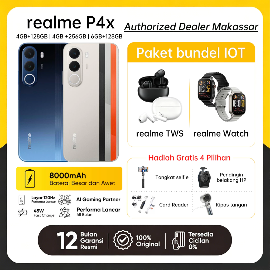 realme P4x 4GB+8GB*|128GB (8000mAh Baterai Besar dan Awet | Layar 120Hz Performa Lancar | AI Gaming Partner | Performa Lancar 48...