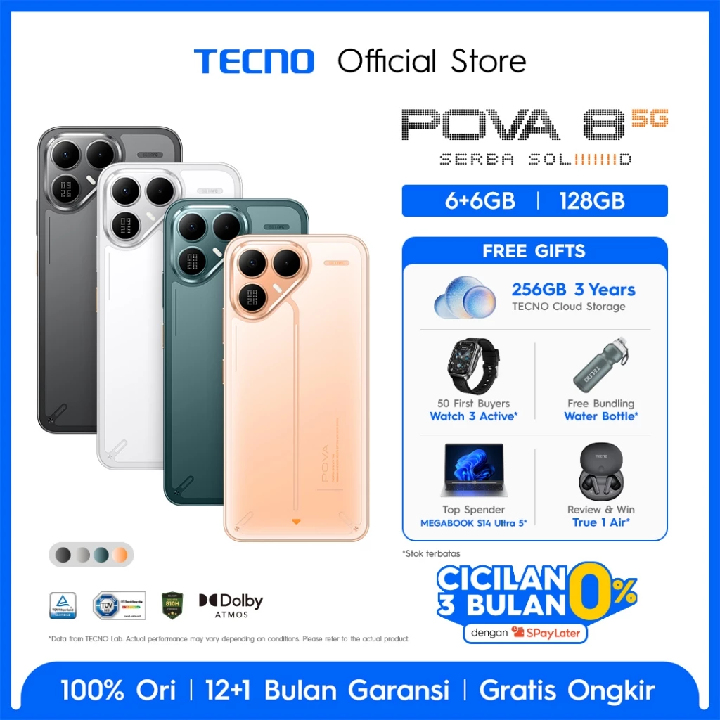 TECNO POVA 8 5G 6+6GB*/128GB, 8000 mAh long lasting battery, Triple Chipset with Dimensity 7100 5G , 50 MP Sony’s LYT 600 Main...