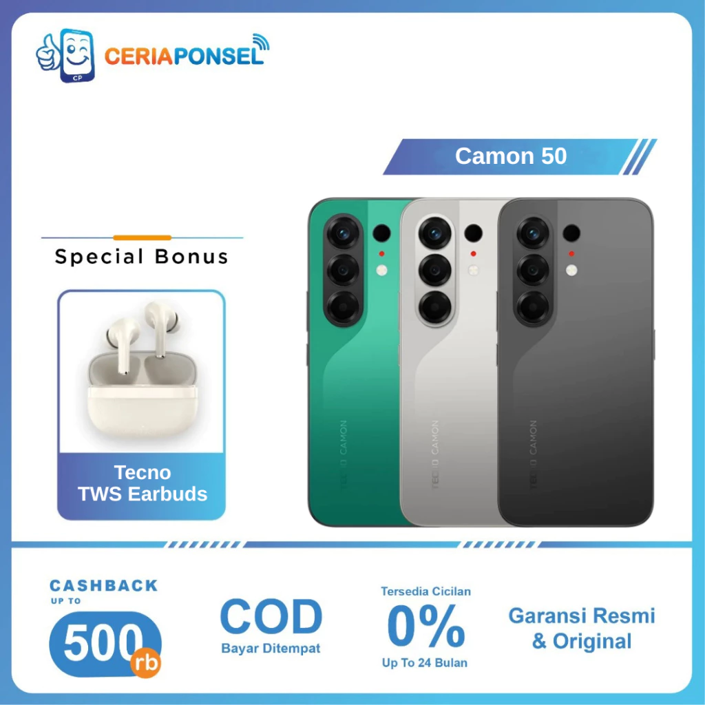 Tecno Camon 50 8/128GB, 8/256GB & 12/256GB Mediatek Helio G200 Ultimate, 6500mAh 45W | Garansi Resmi Tecno Indonesia 1 Tahun