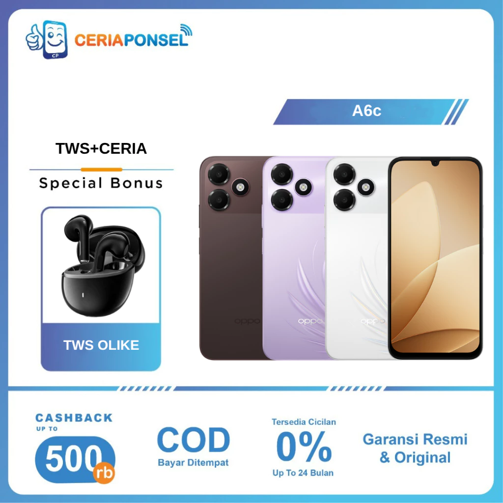 Oppo A6c 4/64GB & 4/128GB UNISOC T7250, 7000mah 15W | Garansi Resmi Oppo Indonesia 1 Tahun